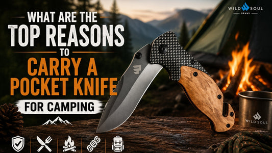 Ridgeblade folding knife propped on a log by a campfire and tent, 'Top Reasons to Carry a Pocket Knife for Camping' blog title graphic