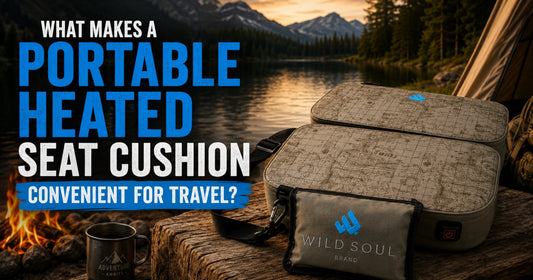 NextPad Camp heated seat cushion and carry case on a picnic table at sunset by a lake, 'What Makes a Portable Heated Seat Cushion Convenient for Travel' blog title graphic