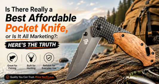 Ridgeblade folding knife on a log beside a mountain lake with a fishing lure and carabiner, 'Is There Really a Best Affordable Pocket Knife' blog title graphic