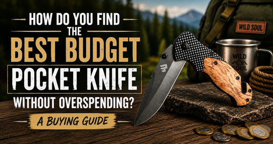 Ridgeblade folding knife on a stone slab beside a camp mug and coins, 'How Do You Find the Best Budget Pocket Knife' blog title graphic