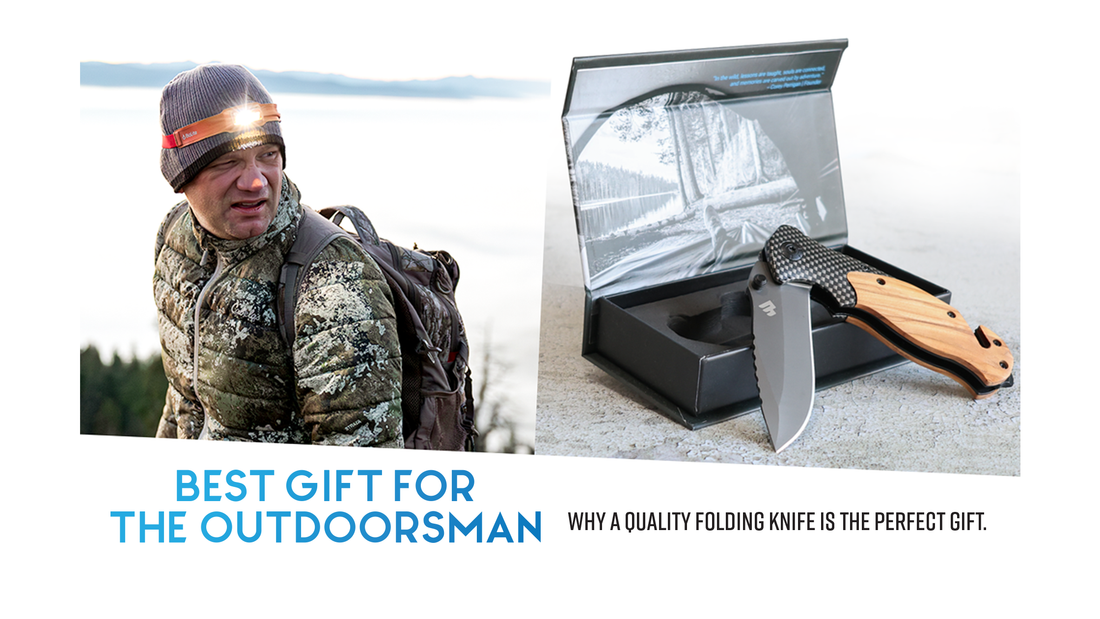 Hiker wearing a headlamp beside a Ridgeblade folding knife in its gift box, 'Best Gift for the Outdoorsman' blog title graphic