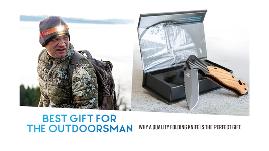 Hiker wearing a headlamp beside a Ridgeblade folding knife in its gift box, 'Best Gift for the Outdoorsman' blog title graphic