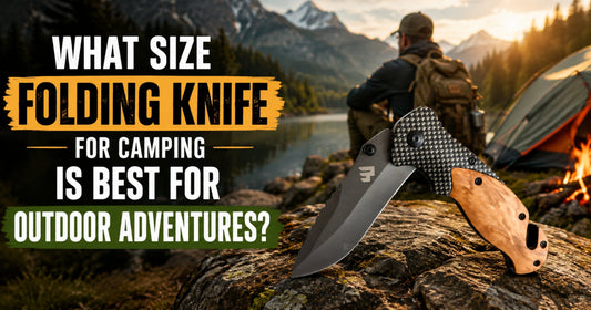 Ridgeblade folding knife on a rock overlooking a mountain lake with a hiker and campfire in the background, 'What Size Folding Knife for Camping Is Best' blog title graphic