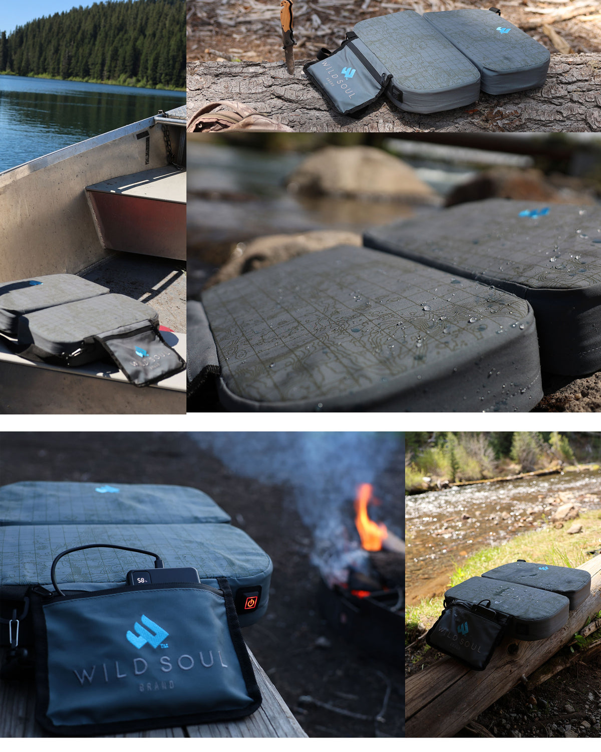 NextPad Camp seat cushion on an aluminum fishing boat seat, a log by a river and a bench beside a campfire