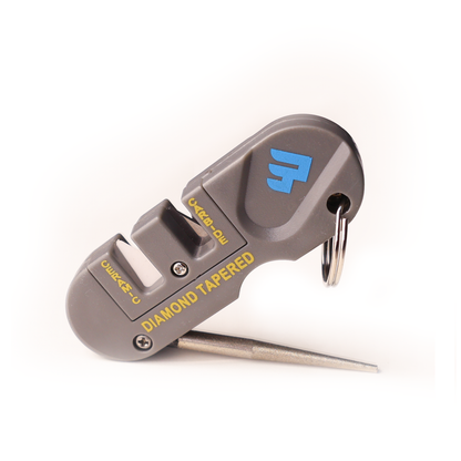 Edge Sherpa keychain knife sharpener with diamond-tapered rod and pull-through sharpening slots