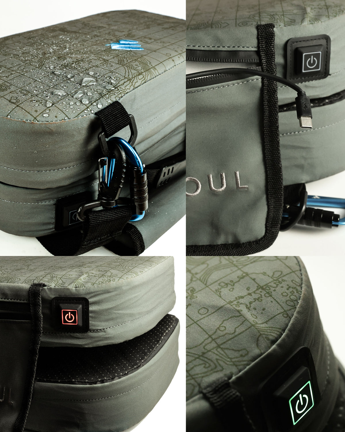 Close-up details of the NextPad Camp seat cushion: water beading on the topo-pattern shell, power button, USB-C cable, zippered pocket and carabiner
