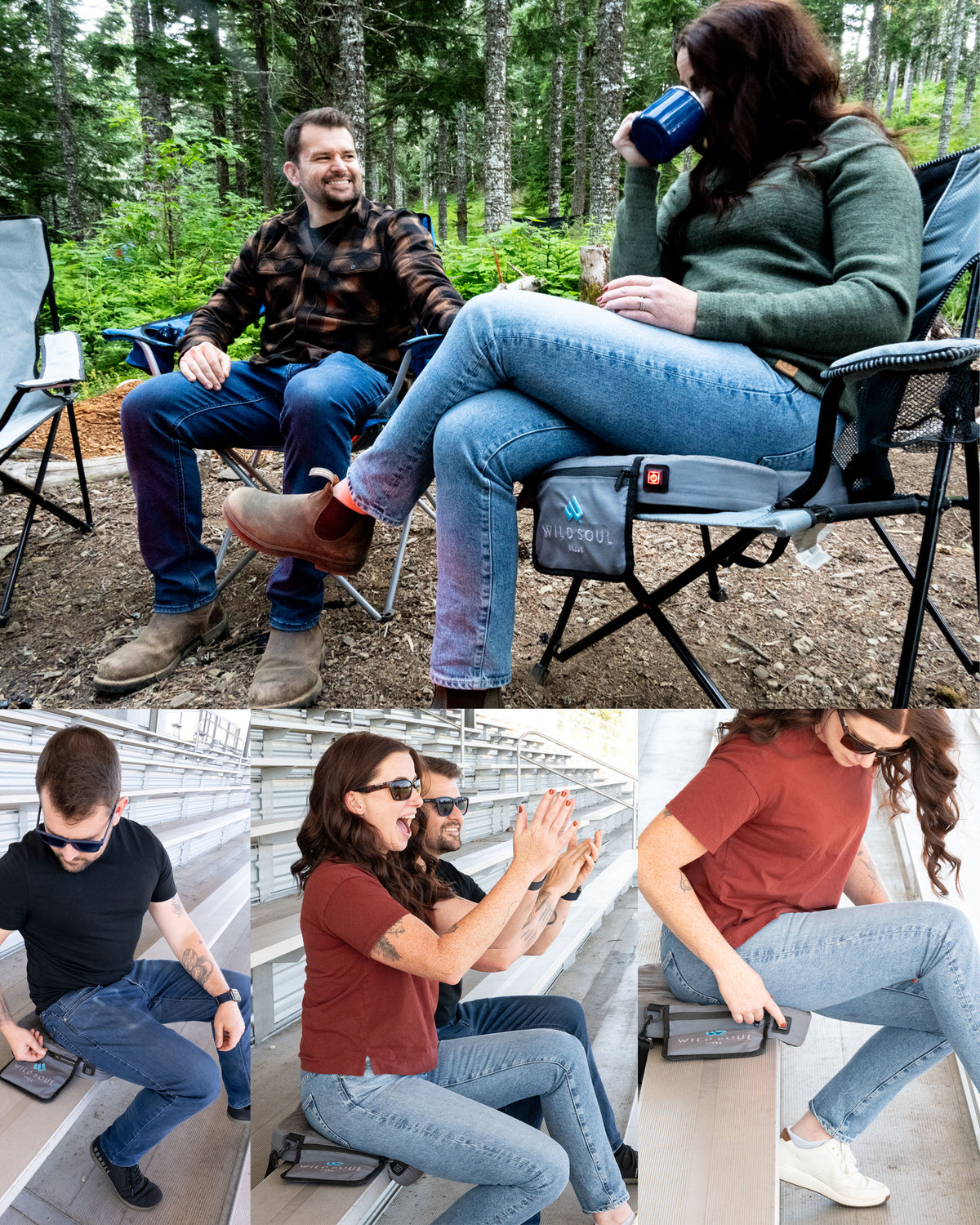 Friends using NextPad Camp heated seat cushions on camp chairs in the forest and on stadium bleachers